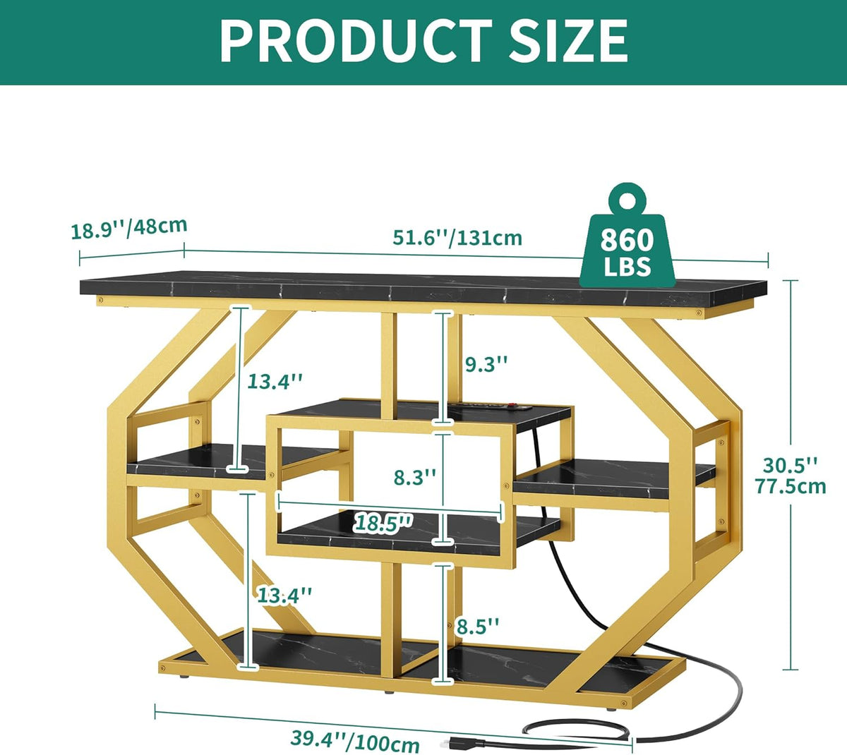 YITAHOME Heavy Duty 55-75 Gallon Fish Tank Stand with Power Outlet, Marble Aquarium Stand for Fish, Turtle, Reptile Terrarium, Shelves for Fish Tank Accessories Storage, 860LBS Capacity, Gold