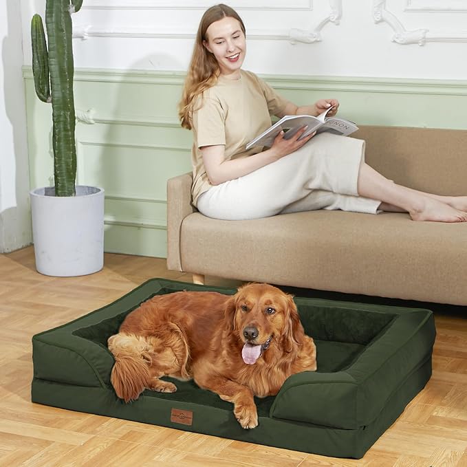 Comfort Expression Orthopedic Dog Bed for Medium Dogs 30x20 Inch, Waterproof Egg Crate Foam Medium Pet Bed with Removable Bolsters, Dog Couch with Washable Cover & Non-Slip Bottom, Olive Green