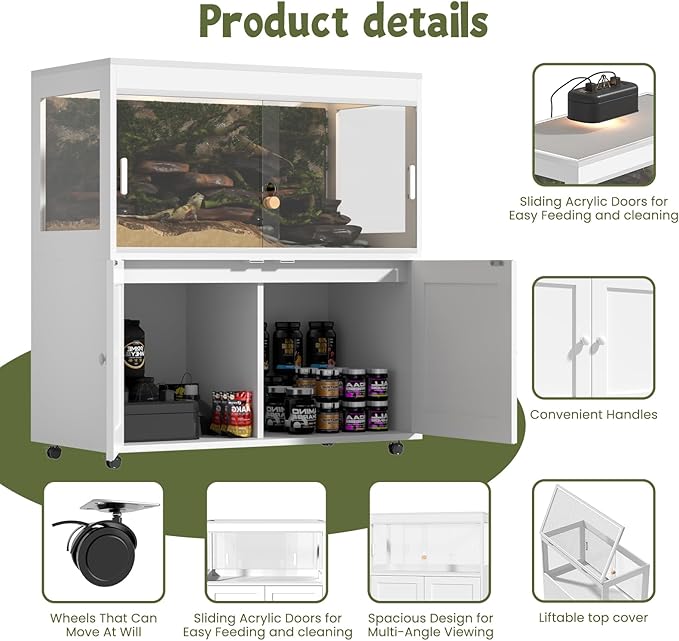 Large 60 Gallon Reptile Terrarium with Storage Cabinet and Sliding Door Handle, Reptile Tank with Wheels & Metal Mesh Roof Door – Ideal Habitat Enclosure for Snakes, Lizards, and Geckos