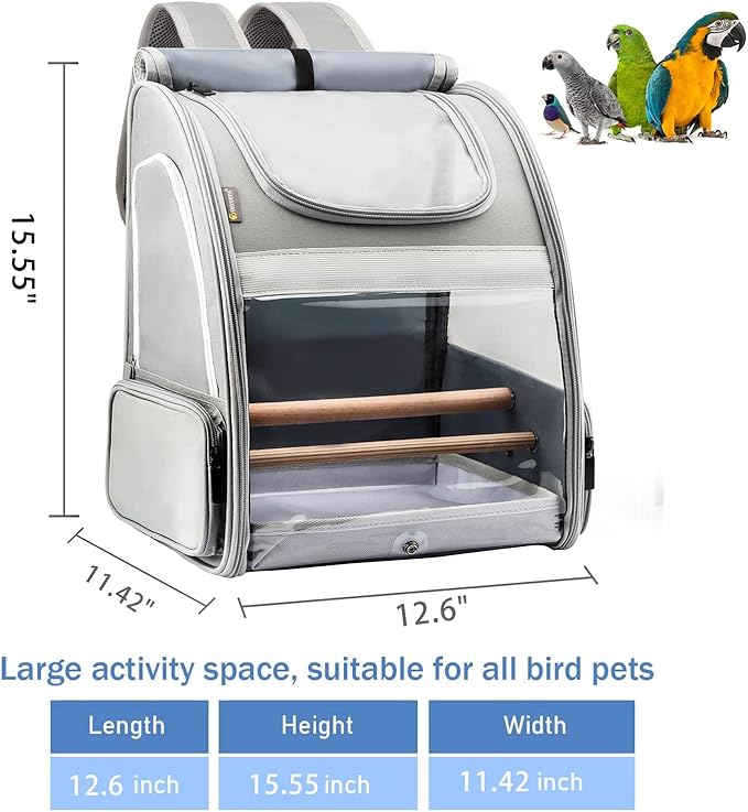 Texsens Bird Carrier Backpack - Pet Travel Cage with Upgraded Tray and Standing Perches, Breathable & Portable, for Small Birds, Green Cheek, Cockatiel, Parrot (Grey)