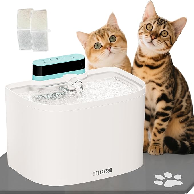 PET LAYSON Pumpless Cat Water Fountain, Smart Cordless Fountains Battery Operated, 3.6L/122oz with Maglev Valve Technology Rechargeable Water Dispenser for Cat &Dog 2 Filters,2 Nozzles(White, M1)