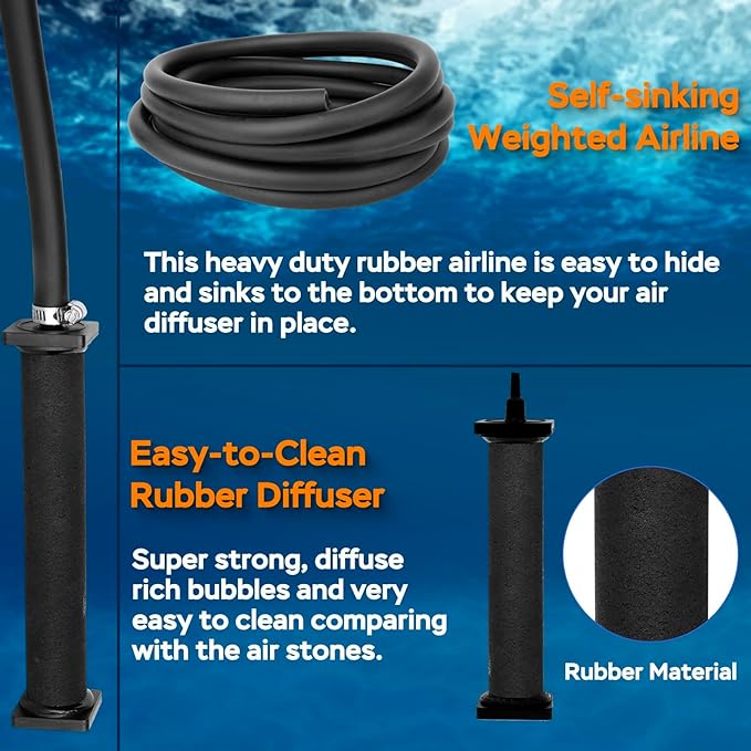AquaMiracle All-in-1 Koi Pond Aeration Kit Pond Air Pump with Self-Sinking Airline Rubber Air Diffuser, Air Flow Control Pond Aerator for Outdoor Pond 2,000-5,000 Gallons