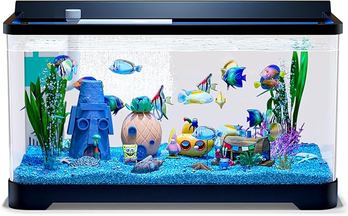 LED Aquarium Fish Tank Kit,（Light + Filter + Green Plants + Blue Sand + Pineapple Houses + Shells） Black, 14 Gallon