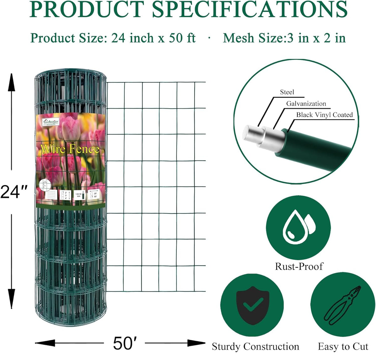 Green PVC Coated Welded Wire Fence 24 Inch x 50 Foot, 2 Inch x 3 Inch 16GA, Garden Border Fencing Roll Vinyl Coating Metal Wire Mesh for Yard Vegetable Plant Protection Poultry Netting