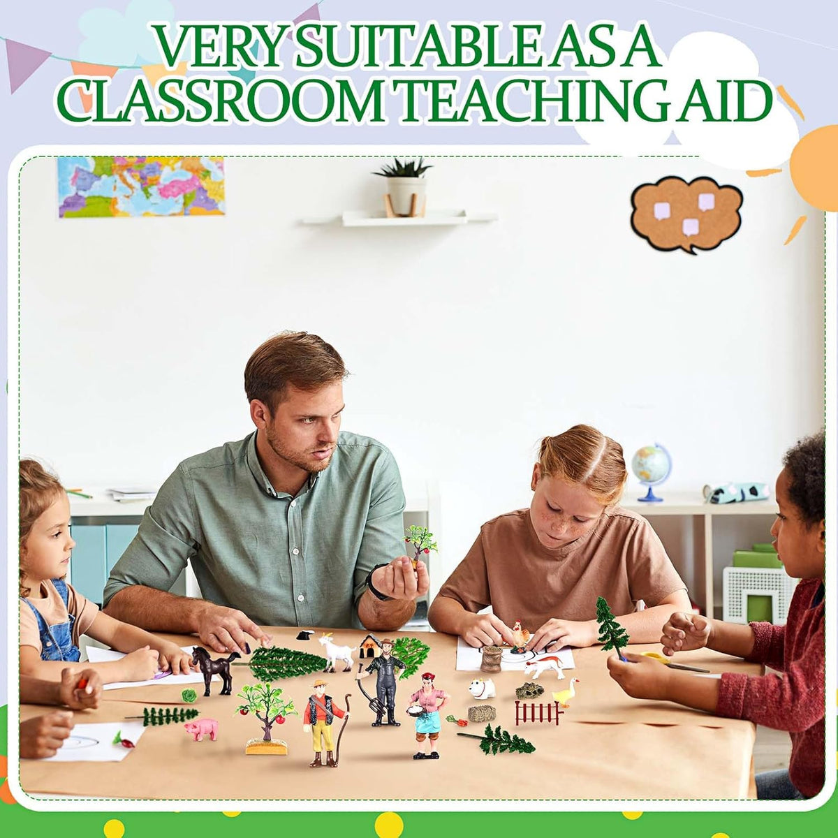 27 Pcs Farm Toys Set, 3 Little Farmer Figurines 9 Plastic Animals Figurines 10 Feed Food Fence Playset 4 Model Trees 1 Moss Mat Animal Farm Toys for Educational School Project Gift