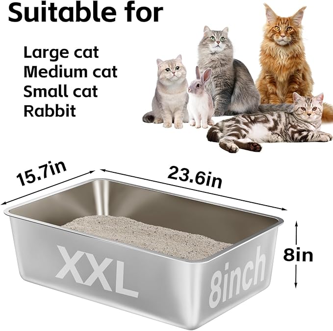 Stainless Steel Litter Box,Metal Litter Box for Big Cats 8IN Deep, Cat Litterbox 2 Pack Easy to Clean-High Sided,Stainless Steel CatLitters Box for Adult Cats,Non Stick, No Smell