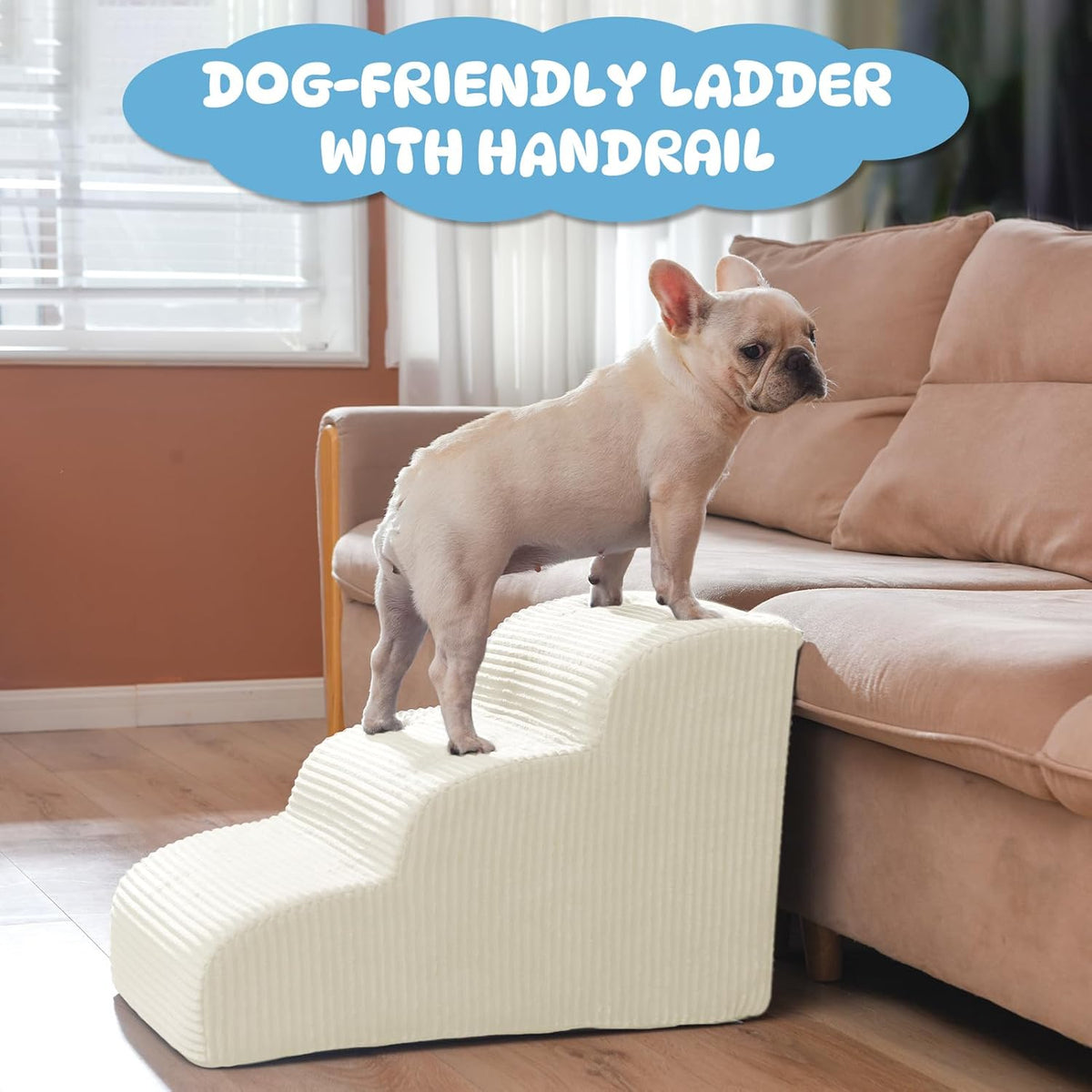 Dog Stairs & Steps for High Beds, 2 Steps High Density Foam Waterproof Dog Ramp for Small Dogs and Cats, Pet Stairs with Washable Cover for Bed, Couch, Sofa and Car, Beige (H: 11.8")