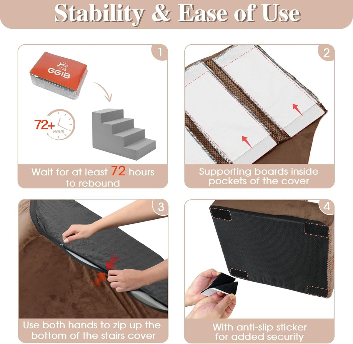 GGIB Dog Stairs for Small Dogs Cats Non-Slip Dog Steps for High Bed Pet Stairs for Sofa Couch Pet Ramp Pet Steps with Removable Washable Cover, Brown, 17" H, 4-Step