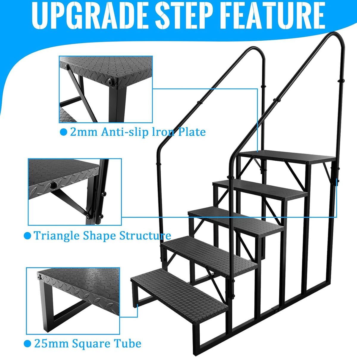 RV Stairs 5 Step Ladder, RV Steps Anti-Slip, Hot Tub Steps with Handrail, 660 lbs RV Ladder for 5th Wheel RV, Mobile Home Stairs（2 Handrails