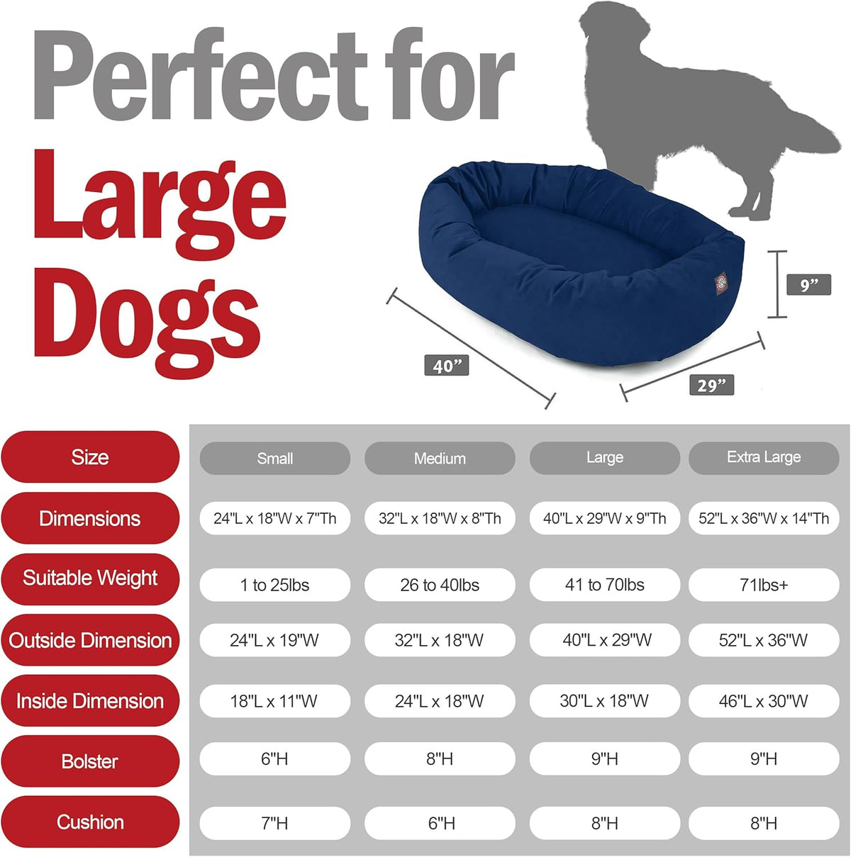 Majestic Pet 40 Inch Suede Calming Dog Bed Washable 40x29x9 (Inch) – Cozy Soft Round Donut Dog Bed with Spine Support for Dogs to Rest Their Head - Pet Bed Large – Navy (2025)