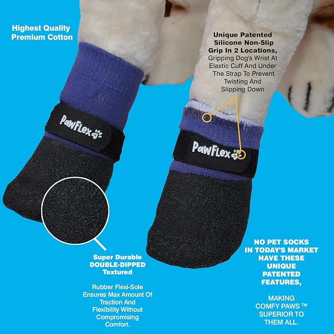 Double Dipped Thick Textured Waterproof Cotton Dog Socks | PawFlex Comfy Pawz Soft Indoor/Outdoor Pet Booties | Non-Slip Silicone Grip at Inner Wrist for No Twisting or Sliding Off| Adjustable Strap