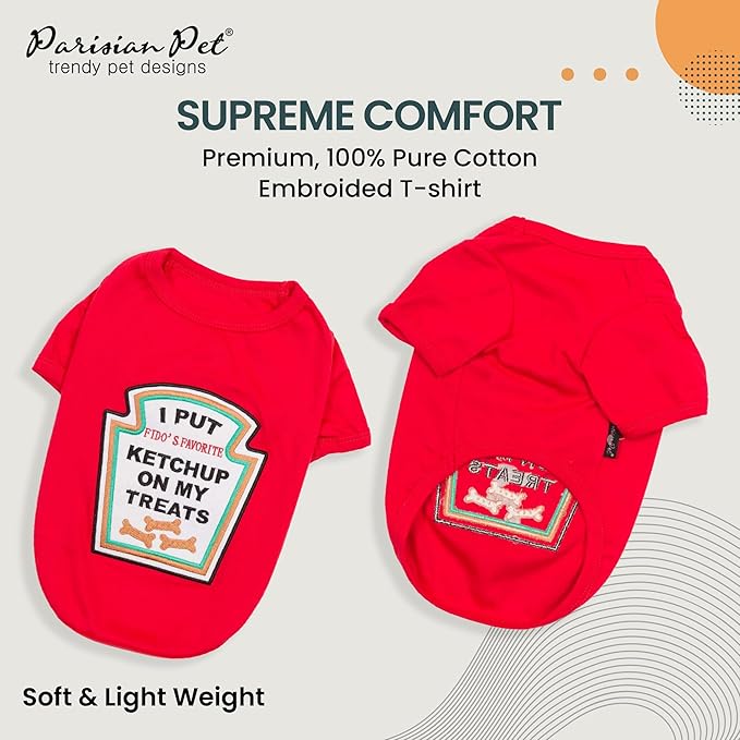 Parisian Pet Dog Shirt - Embroidered “I Put Ketchup on My Treats“ - 100% Cotton and Polyester Dog Clothes - Sleeved, Lightweight Costume for Dogs - Red Dog Shirts for Large Dogs - Pet Costumes - XL
