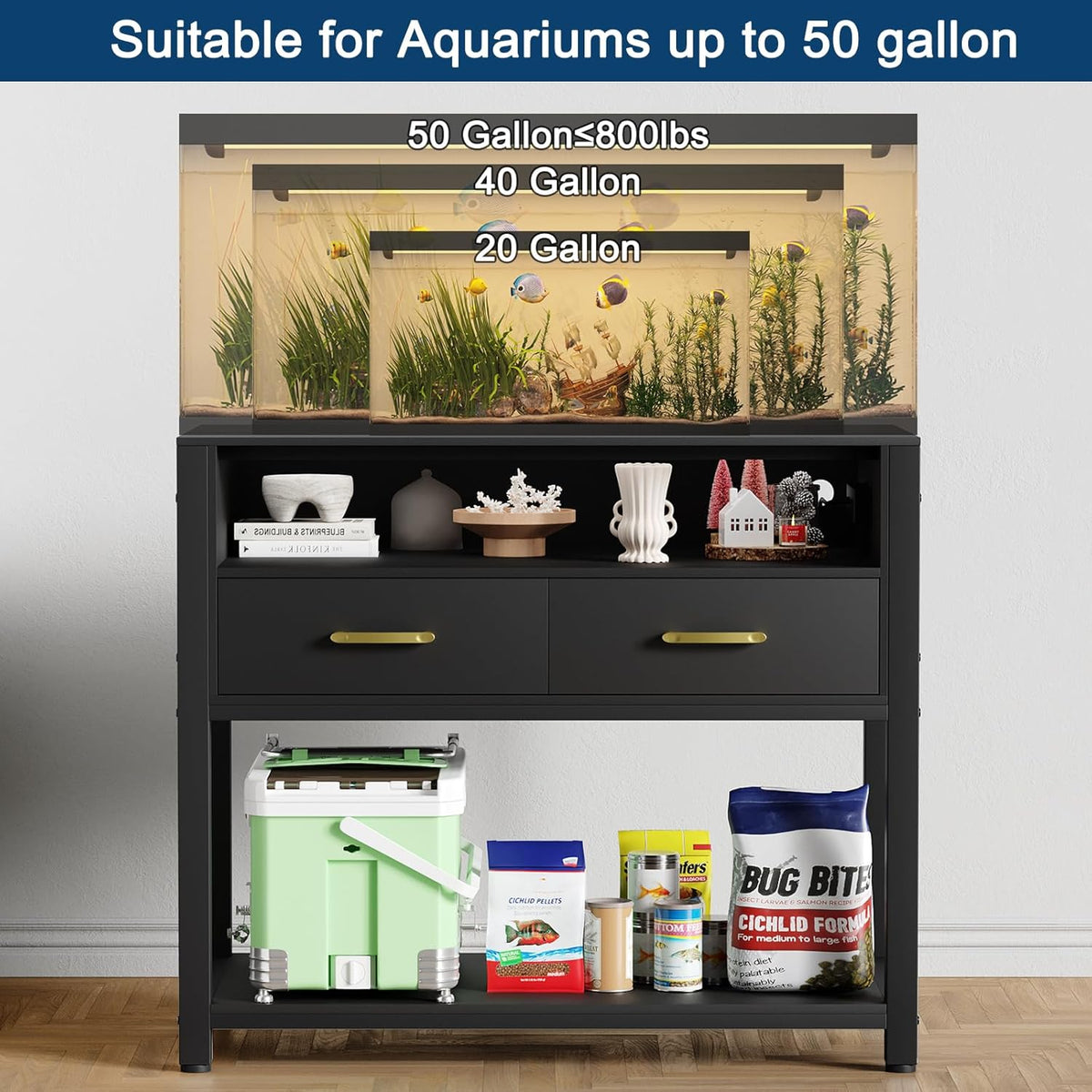40-50 Gallon Fish Tank Stand with Power Outlet & 2 Storage Drawers, Heavy Duty Metal Frame Aquarium Stand with Waterproof Mat, 36.6" L*19.1" W Tabletop, 800LBS Capacity, Black