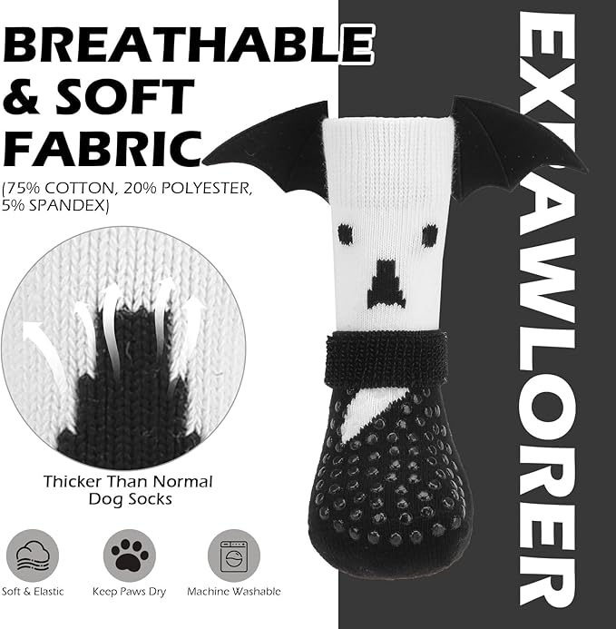 EXPAWLORER Halloween Anti Slip Dog Socks to Prevent Licking Paws, Boots & Paw Protectors with Grippers,Doggie Booties for Hardwood Floors for Small Medium Large Senior Dogs Costume White Ghost Wings S