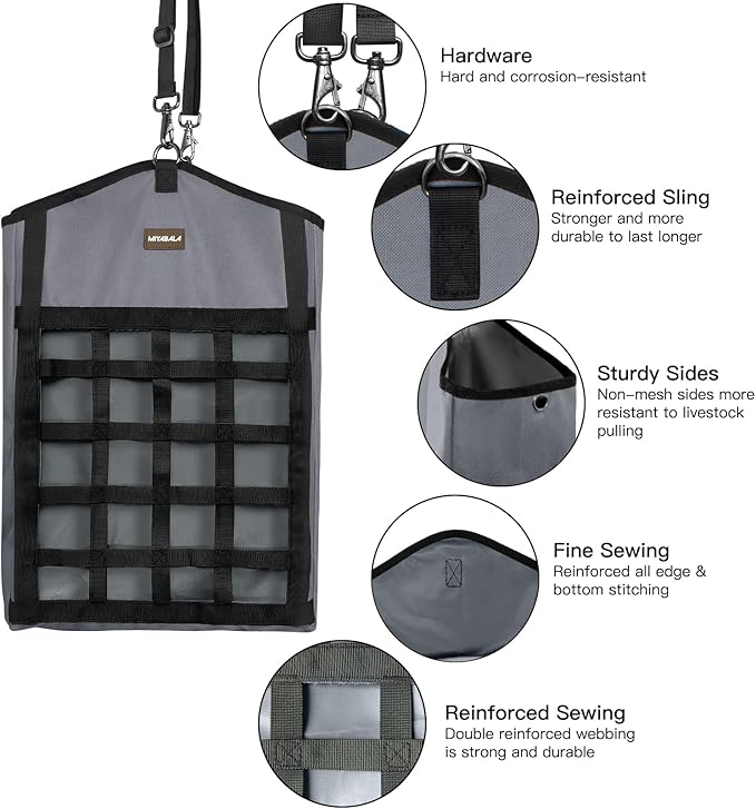 Hay Bags for Horses,3 Packs Slow Feed Hay Bags for Goats,Sheep,Donkey,Premium Oxford Hay Feed Bags with Front Hay Nets Design, Easy to Fill and Hang with Large Opening (1 Black+2Grey)