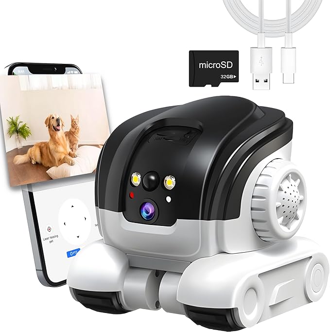 Pet Camera, 1080P Movable Robot Pet Cam Indoor with Phone APP, Security Camera for Home, Upgrade Wireless Dog/Cat/Baby Monitor WiFi Version & 32G SD Card, 2-Way Talk, Night Vision, Motion Detection