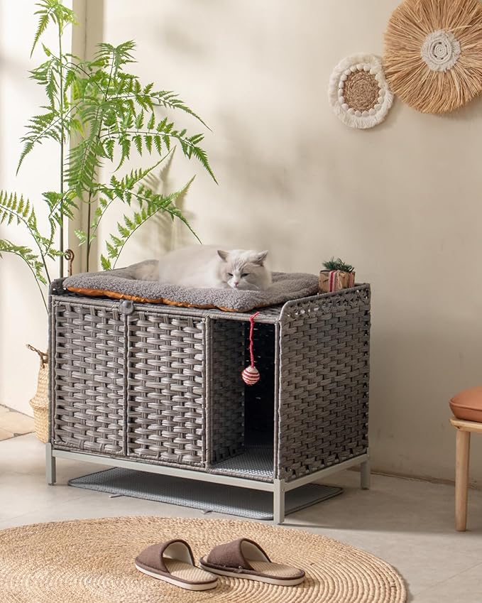 Cat Litter Box Enclosure Furniture with Divider, Handwoven Rattan Litter Box with Mat, 31.2 x 19.6 x 24.2 Inches, Metal Heightened Feet, Hidden Cat House for Living Room, Bedroom (Gray)