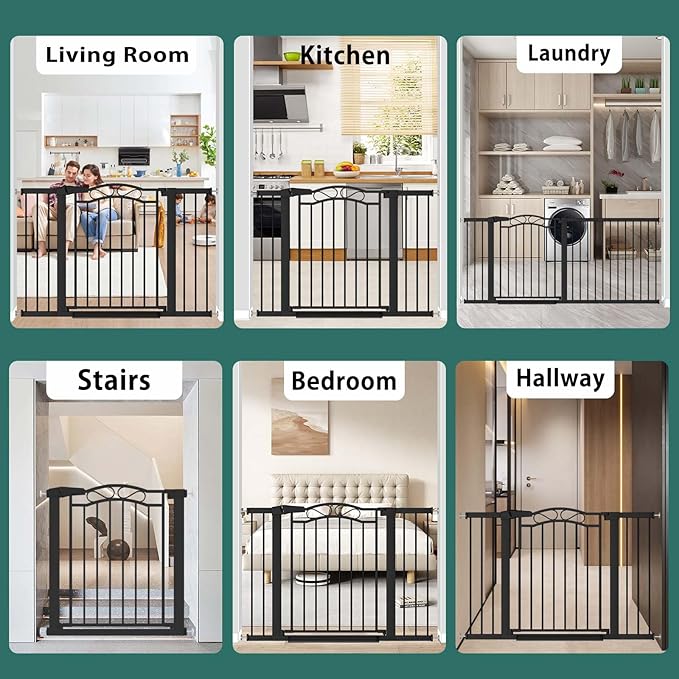 Fairy Baby 51.6"-54.3" Extra Wide Baby Gate with Door, 52 53 54 Inches Walk THR Baby Gates for Stairs Pressure Mounted no Drill, Indoor Tension Metal Child Pet Dog Safety Gate for Kids, Black
