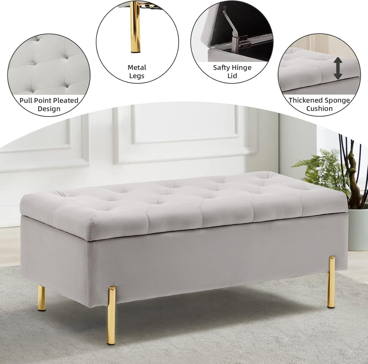45.6 Inch Velvet Storage Bench, Tufted Upholstered Ottoman with Storage, Bedroom Living Room Entryway Rectangular Accent Bench, Grey