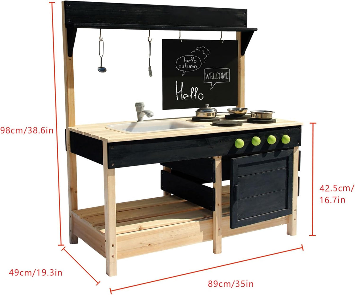 Mud Kitchen Playset for, Outdoor Wooden Toy Play Kitchen Set for Boys and Girls, Kitchen Accessories and Garden Sink with Faucet, Blackboard, Cookware Pot (Black)