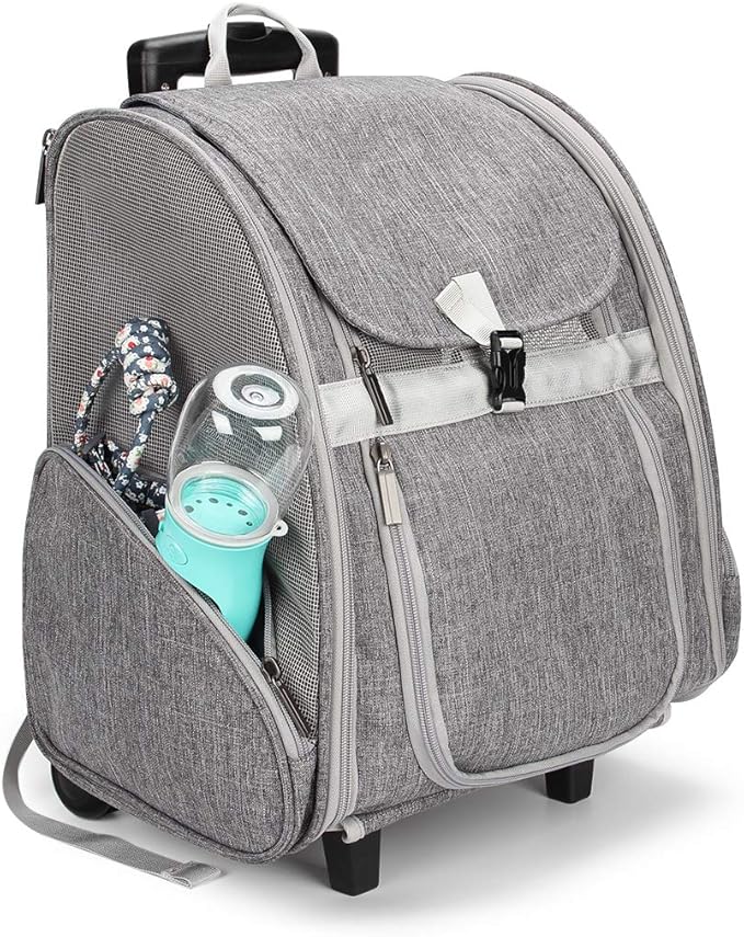 Lollimeow Pet Rolling Carrier, Dog Backpack with Wheels,Cats,Puppies Travel Bag with Wheels,Dog Trolley(Grey)