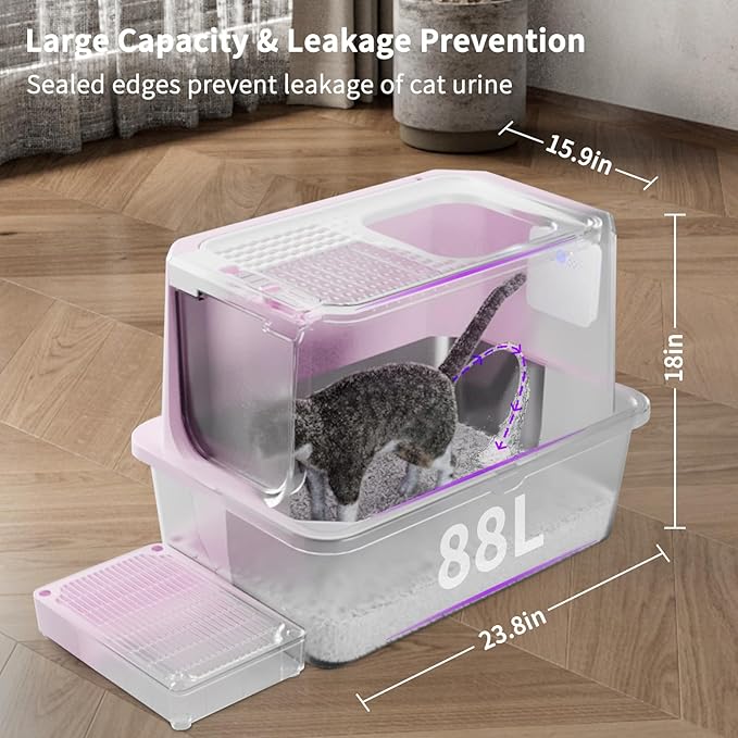 RIZZARI Stainless Steel Cat Litter Box, Semi-Enclosed with Raised Edges, Anti-Leakage & Odorless, Large for Small to Large Cats (Deep Pink, 23.8" L*15.9" W*18" H)