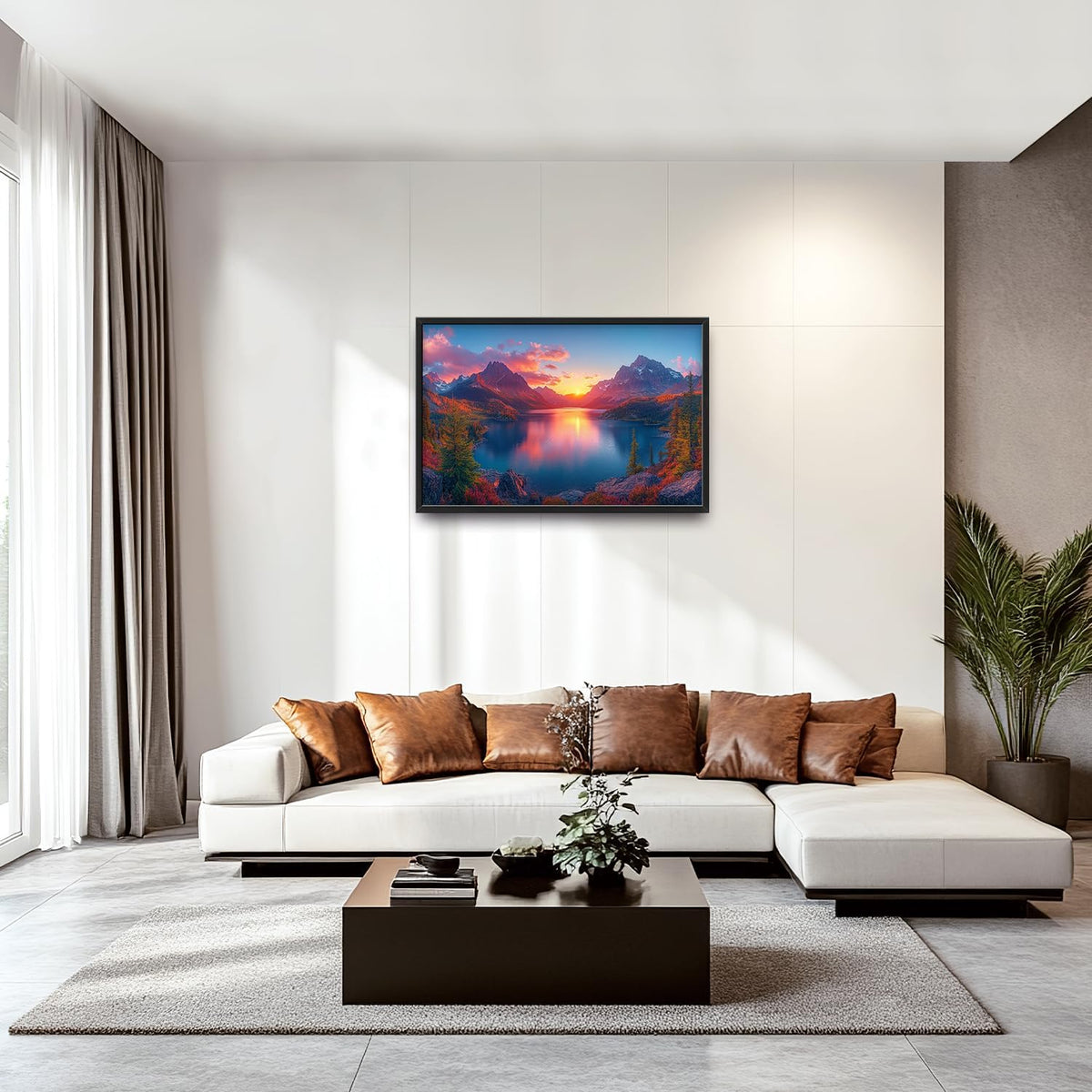 Large Lake Mountain Landscape Wall Art for Living Room, Nature Sunrise Canvas Oversized Wall Decor, River Forest Scenery Framed Pictures Painting Print Artwork for Bedroom Office 36"L x 24"W