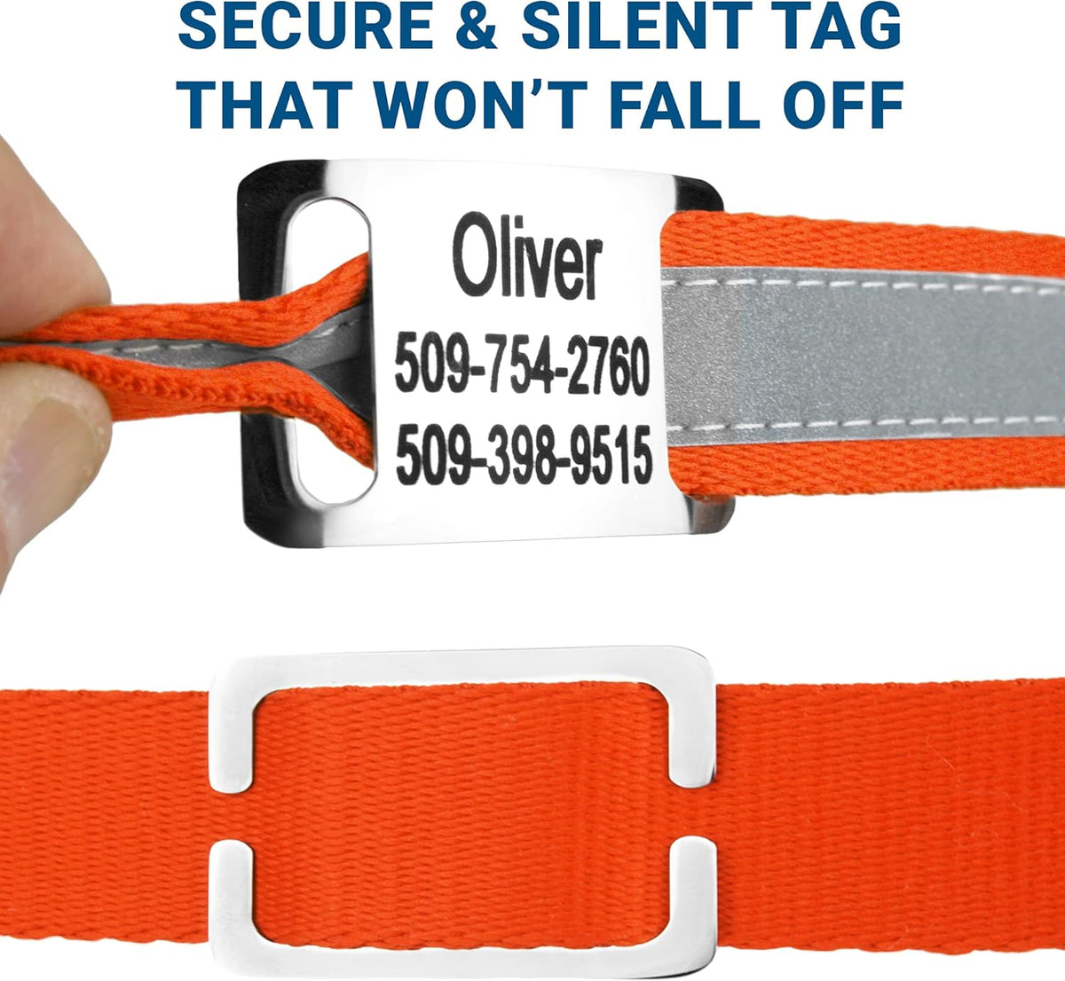 GoTags Reflective Personalized Dog Collar with Nameplate, Adjustable Dog Collar with Custom Engraved Steel Slide On Pet ID Tag, Silent, No Noise Dog Tag for Large Medium or Small (Orange, Small)