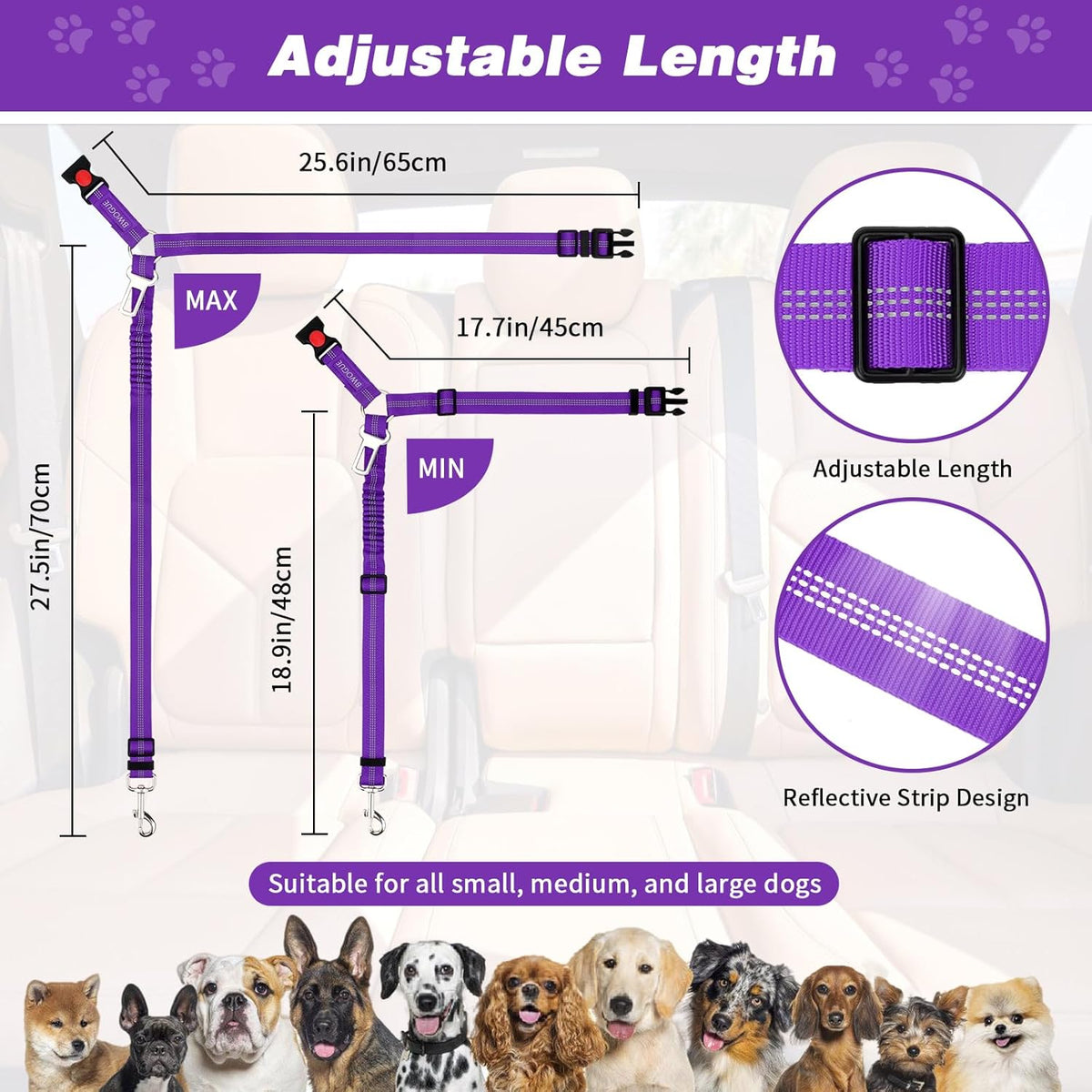 BWOGUE Pet Dog Cat Seat Belt Reflective Car Dog Headrest Restraint Leash Elastic Buffer Bungee Adjustable Tangle-Free Safety Leads Vehicle Seatbelt Harness for Small, Medium and Large Dogs (1 Pack)