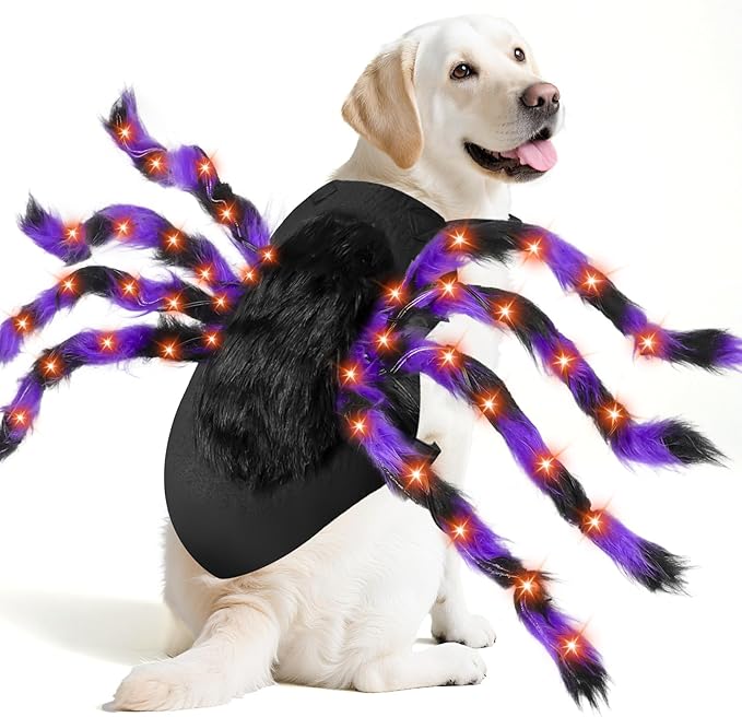 Camlinbo 24 LED Spider Dog Halloween Costume for Small Medium Large Dogs, Furry Spider with LED Lights Puppy Pet Costume Outfits Clothes Funny Halloween Costume Party Cosplay