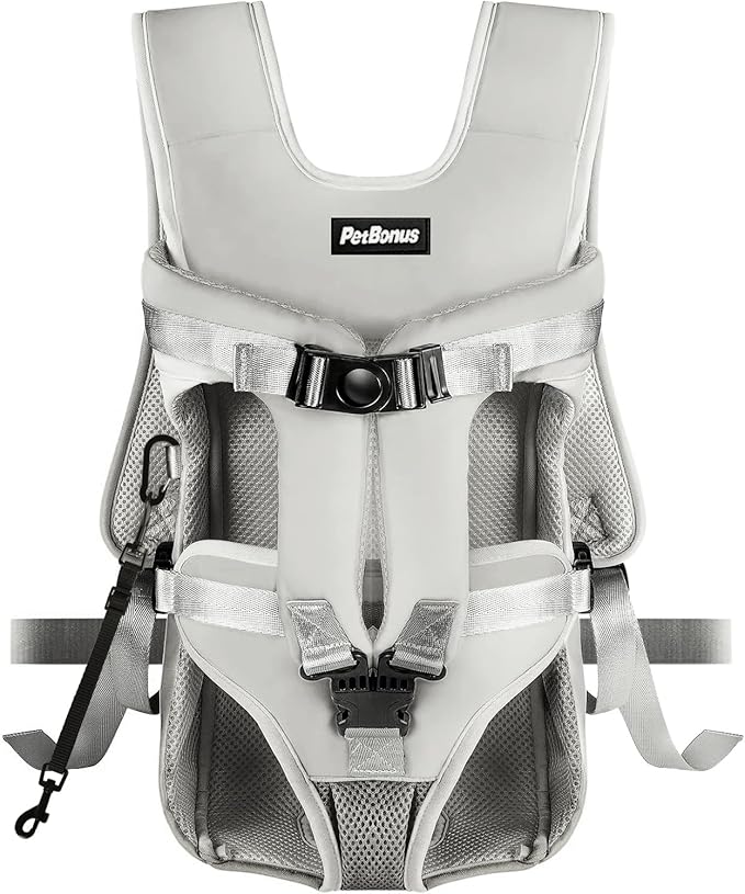 PetBonus Pet Front Dog Carrier Backpacks, Adjustable Pet Backpack, Legs Out Easy-fit Puppy Chest Carrier for Medium Small Dogs, Hands Free for Hiking, Cycling (Grey, M)