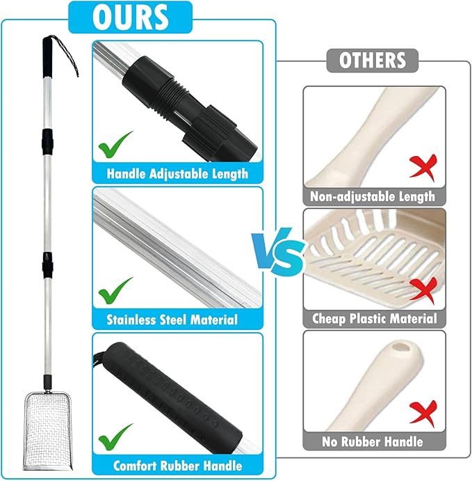 PINVNBY Stainless Steel Chicken Poop Scooper 3 in 1 Adjustable Long Handle Poop Scooper for Chicken(22.3" to 47.6") Multifunctional Chicken Coop Cleaning Tools Sifting Shovel Chicken Coop Accessories
