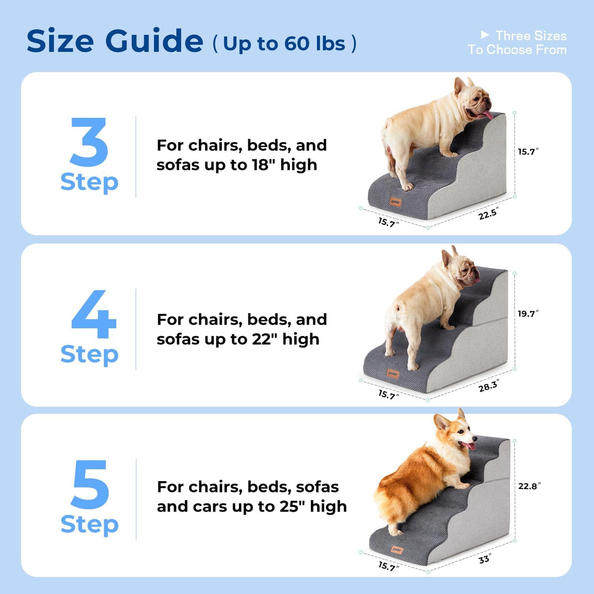 Pet Stairs for Small Dogs 15.7" H - Dog Stairs for Couch and Bed, 35D Foam Dog Steps Ramp with Non-Slip Bottom Grey, 3 Steps