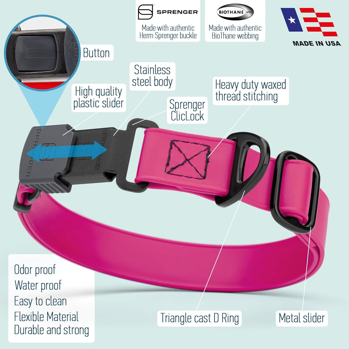 Dogline Biothane Waterproof Dog Collar with Herm Sprenger Black Stainless Steel Quick Release Buckle – Heavy Duty Tactical Durable Collar for Dogs – Comfortable and Safe Pet Collar W1 L15-25 Magenta