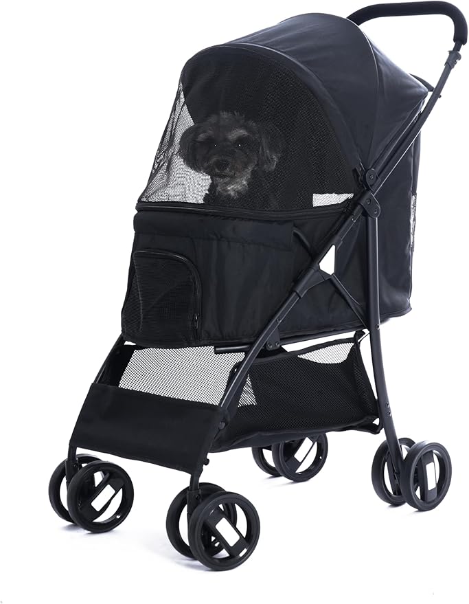 Sunny Sonny Foldable Jogger Pet Stroller with Weather Cover Storage Basket Pet Travel Carrier for S/M Dogs Cats up to 33lbs (Black)