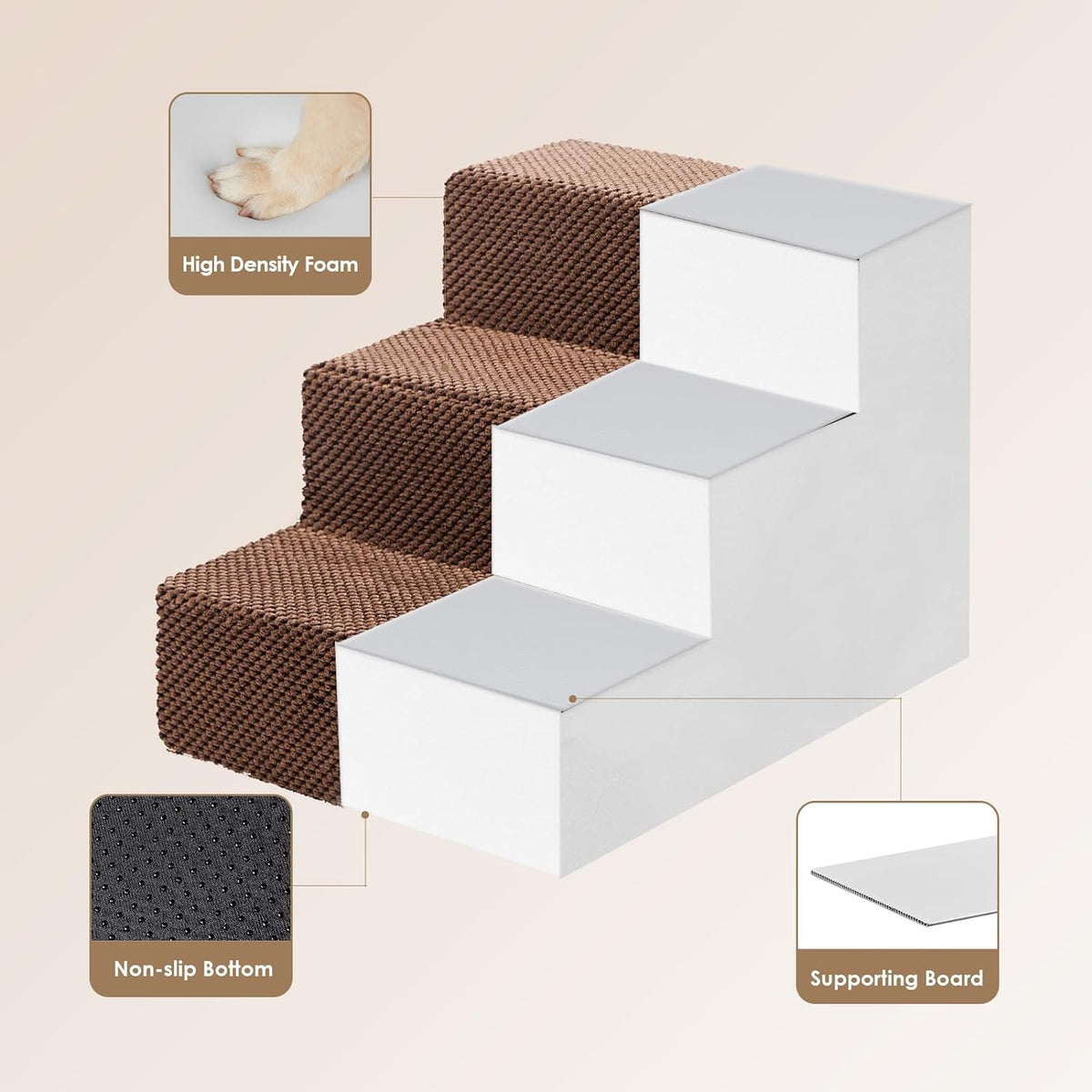 EHEYCIGA Dog Stairs for Small Dogs 13.5" H, 3-Step Dog Steps for Couch Sofa and Chair, Pet Steps for Medium Cats, Non-Slip Balanced Pet Ramp Indoor, Brown