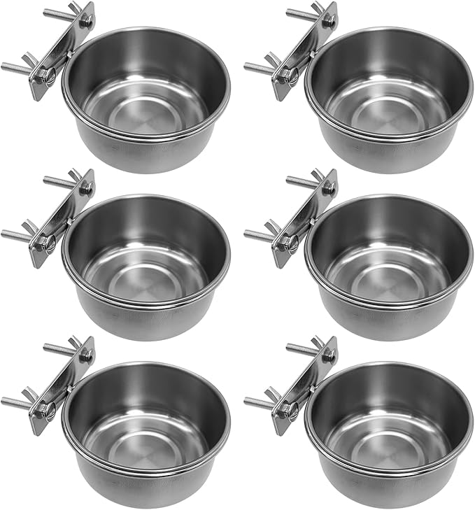 Tfwadmx 6 Pcs Stainless Steel Bird Bowls with Clamp,Clamp Holder Coop Cup,Bird Dishes for Cage, Cage Water Bowl for Cockatiels Lovebird Budgie Chinchilla