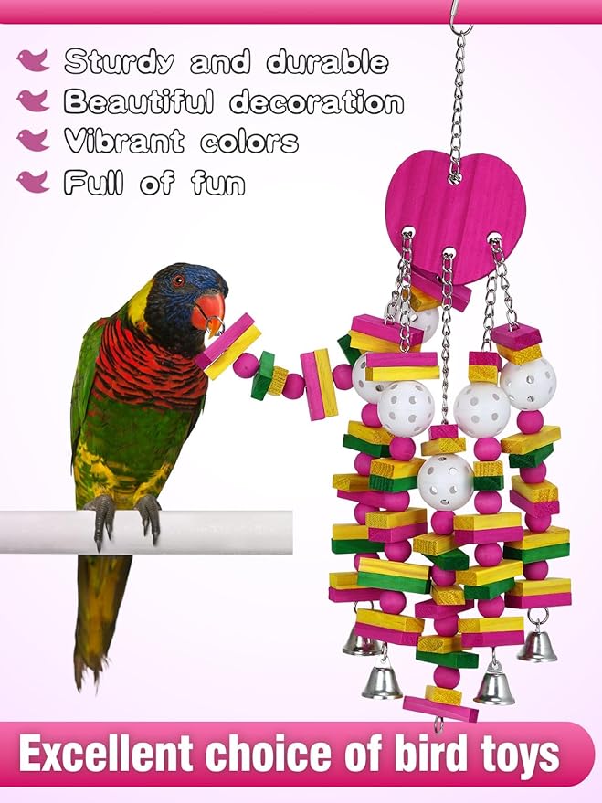 MEWTOGO Bird Toys - Edible Parrots Cage Chew Toy Gift with Bells and Safe Colorful Wood Blocks Beads for Macaws African Grey and Amazon Parrots (Peach Style)