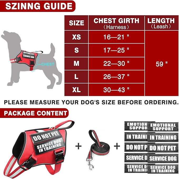 Service Dog Vest Harness and Leash Set+10 Patches,No Pull&Adjustable Reflective Dog Harness with Soft Padded Handle for Training/Everyday,Fit Small/Medium/Large/Extra-Large Dogs(Red L)
