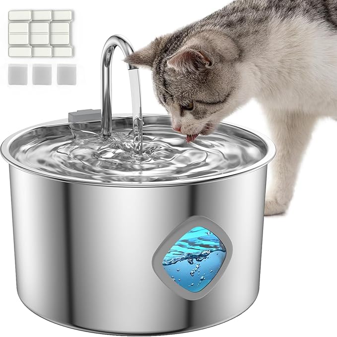 Cat Water Fountain Stainless Steel [3.2L/108oz] Large Capacity Automatic Water Dispenser for Cats Indoor with 3 Filters Kit, LED Water Level Window, Easy to Clean, Ideal for Cats Dogs Multi-Pet Home