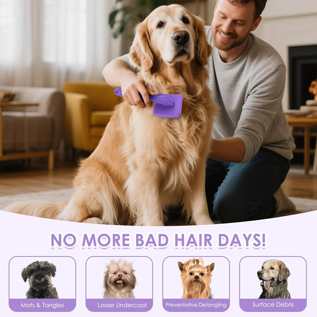 Large Slicker Brush for Dogs - 3PC Pet Grooming Kit - Undercoat Rake & Stainless Comb | Long Pins Remove Mats on Poodles, Golden, Labradoodles | Thick Coat Deshedder for Dogs, Cats, Purple