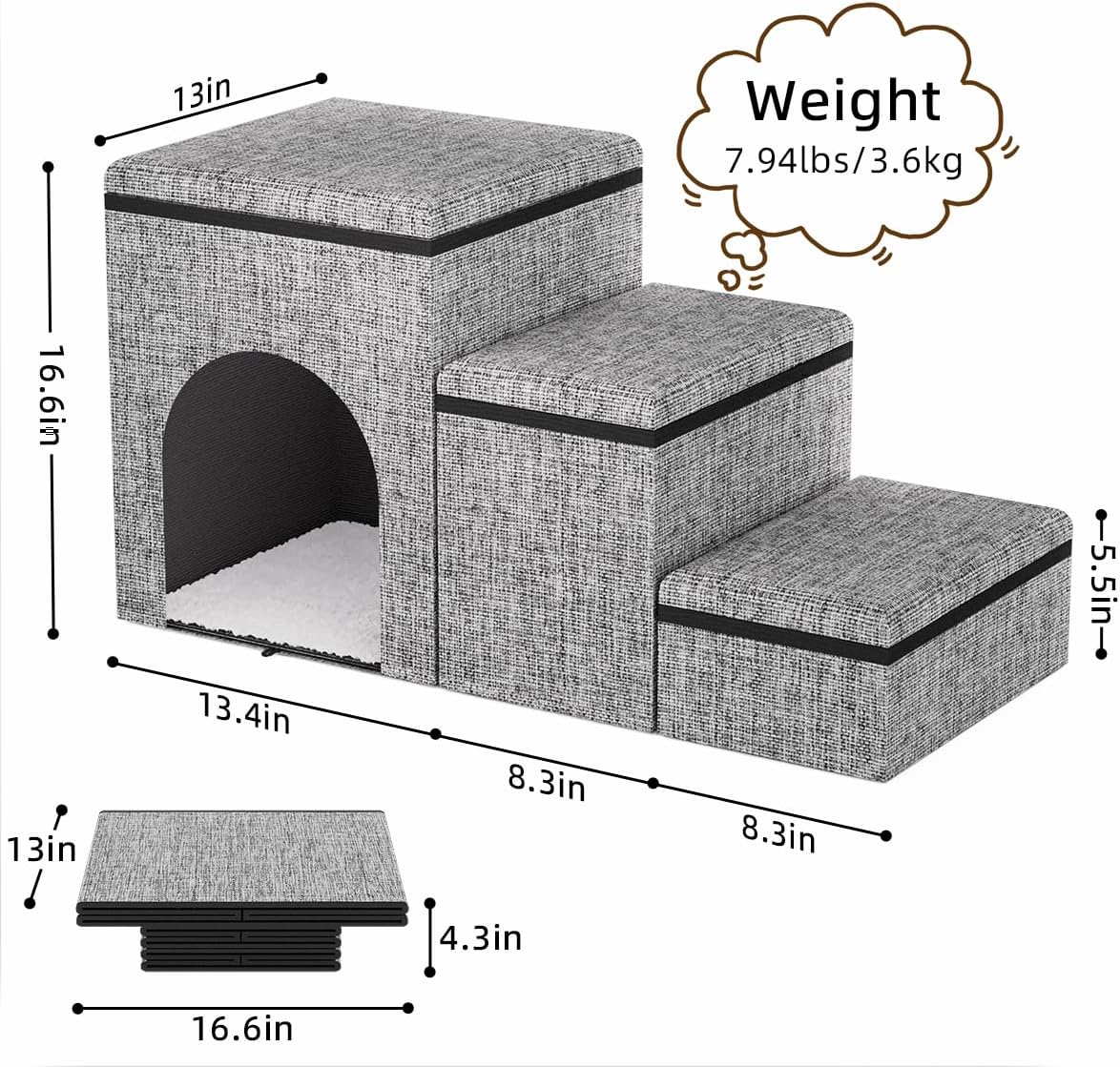 Dog Stairs with Storage, 3-Step Wider Dog Steps with Condo for Dogs and Cats, Pet Stairs for High Bed Climbing, Grey