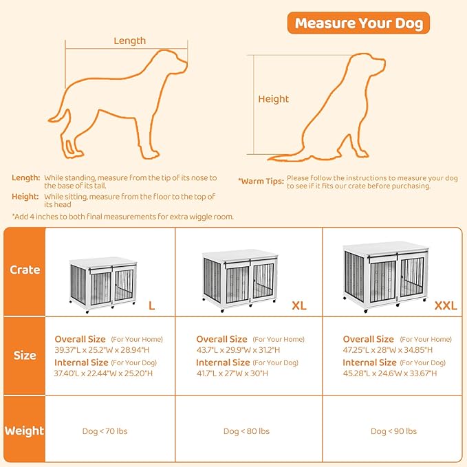 IchbinGo Large Dog Crate Furniture, 47" Wooden Dog Kennel with Sliding Barn Door, Flip-Top Lid & Wheels, Indoor Pet Crate Table with Detachable Divider for Small/Medium/Large Dogs (White)