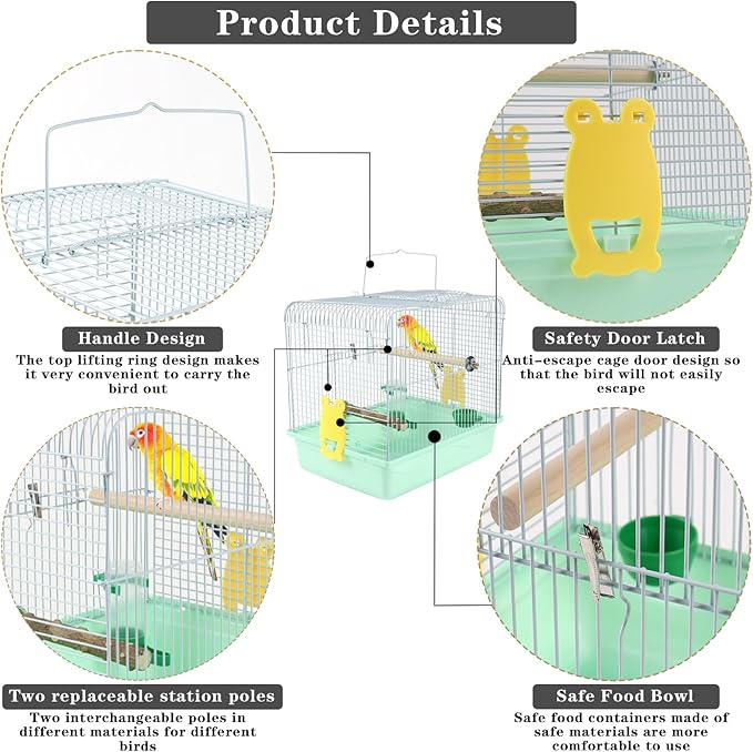 Portable Bird Cage for Small Birds - Green Bird Cage for Travel, Going Out, Walking to The Vet with Station Pole Food Box Water Fountain
