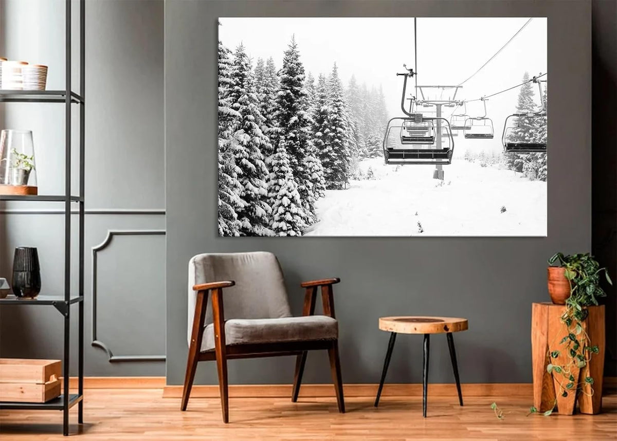Nature Wall Art Prints - Ocean Forest Mountain Lake Canvas Landscapes - Small to Extra Large Living Room Bedroom Kitchen Bathroom Décor (Ski Lift on Snowy Mountain, 16L" x 24W")