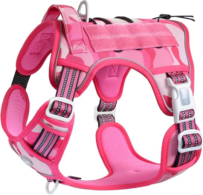 Auroth Tactical Pet Harness for Small Medium Large Dogs No Pull Adjustable, Reflective K9 Working Training Easy Control Vest Military Service Dog, Large, Pink Camo