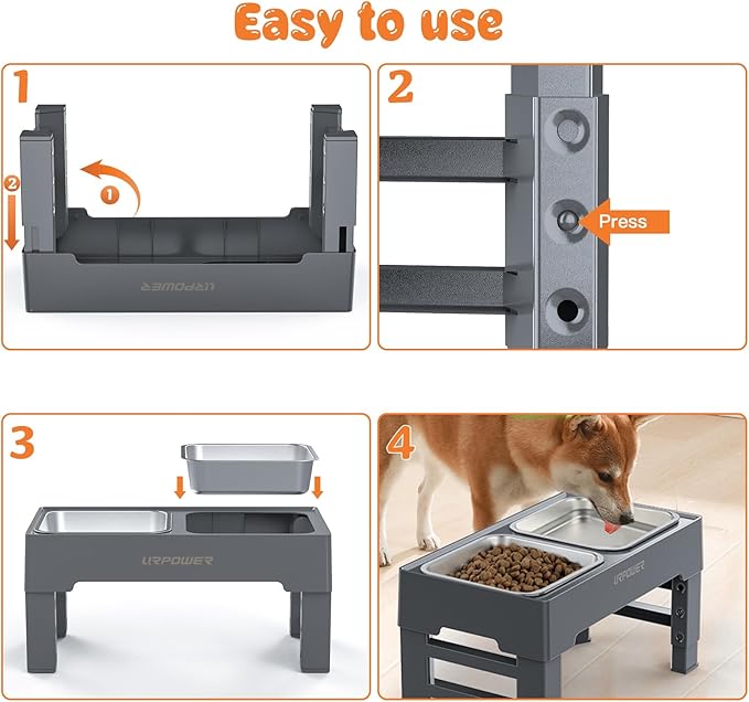 URPOWER Elevated Dog Bowls 4 Height Adjustable Raised Stand with 2 Large Stainless Steel Dog Food and Water Bowl for Small, Medium, Large Dogs and Pets