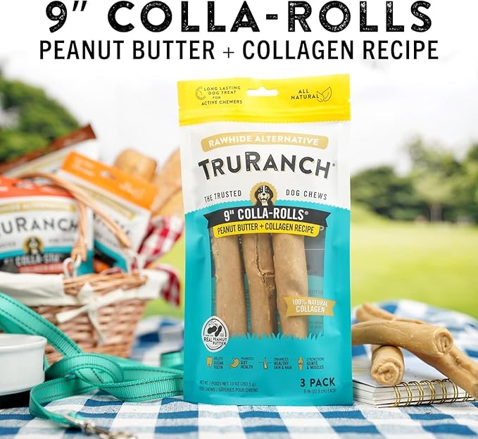 Collagen Rolls - 9" Collagen Rolls for Dogs - Long Lasting Healthy Joint Support - Rawhide Alternative - Skin & Coat Health - Made with Real Peanut Butter, Value Pack, 3 Bags, 9 Count