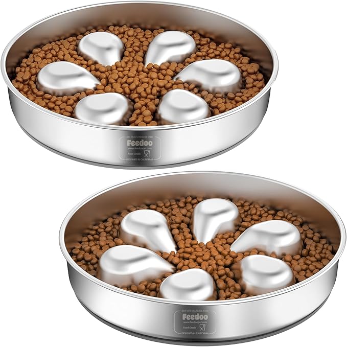 2Pcs Slow Feeder Dog Bowls 3Cups Large Capacity, 304 Stainless Steel Dog Bowl, Metal Food Bowl with Non-Slip Base, Food-Grade