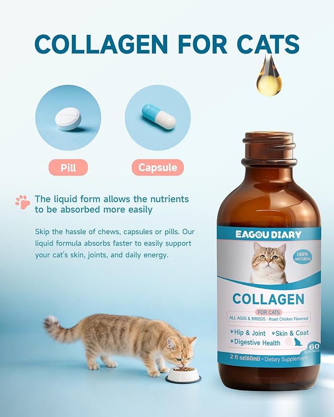 Collagen for Cats - Hip and Joint Supplement, Digestive & Immunity Support, Skin & Coat Health, Liquid Collagen for Cats with MSM, Glucosamine, Coconut Oil, Vitamin E, Roast Chicken Flavored, 60ml